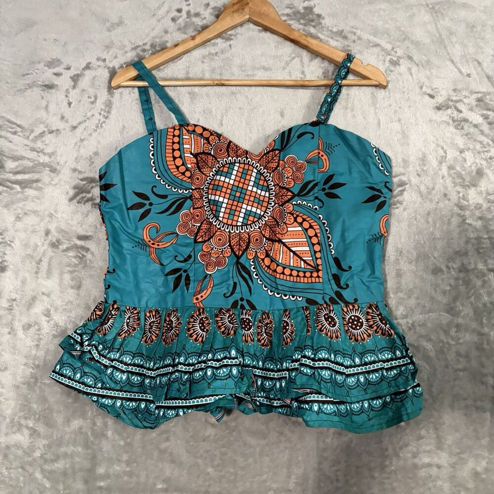 Handmade Ankara Peplum Top African Wax Print Bustier Teal Orange Floral Medium